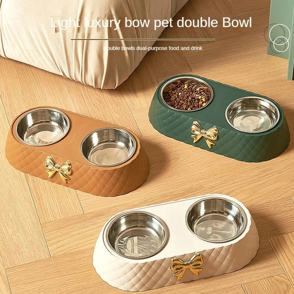 Double Pet Bowl with Bowknot Design