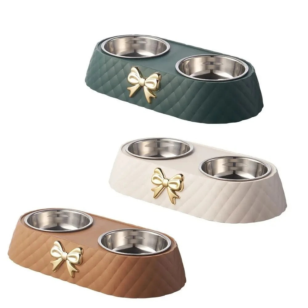 Double Pet Bowl with Bowknot Design